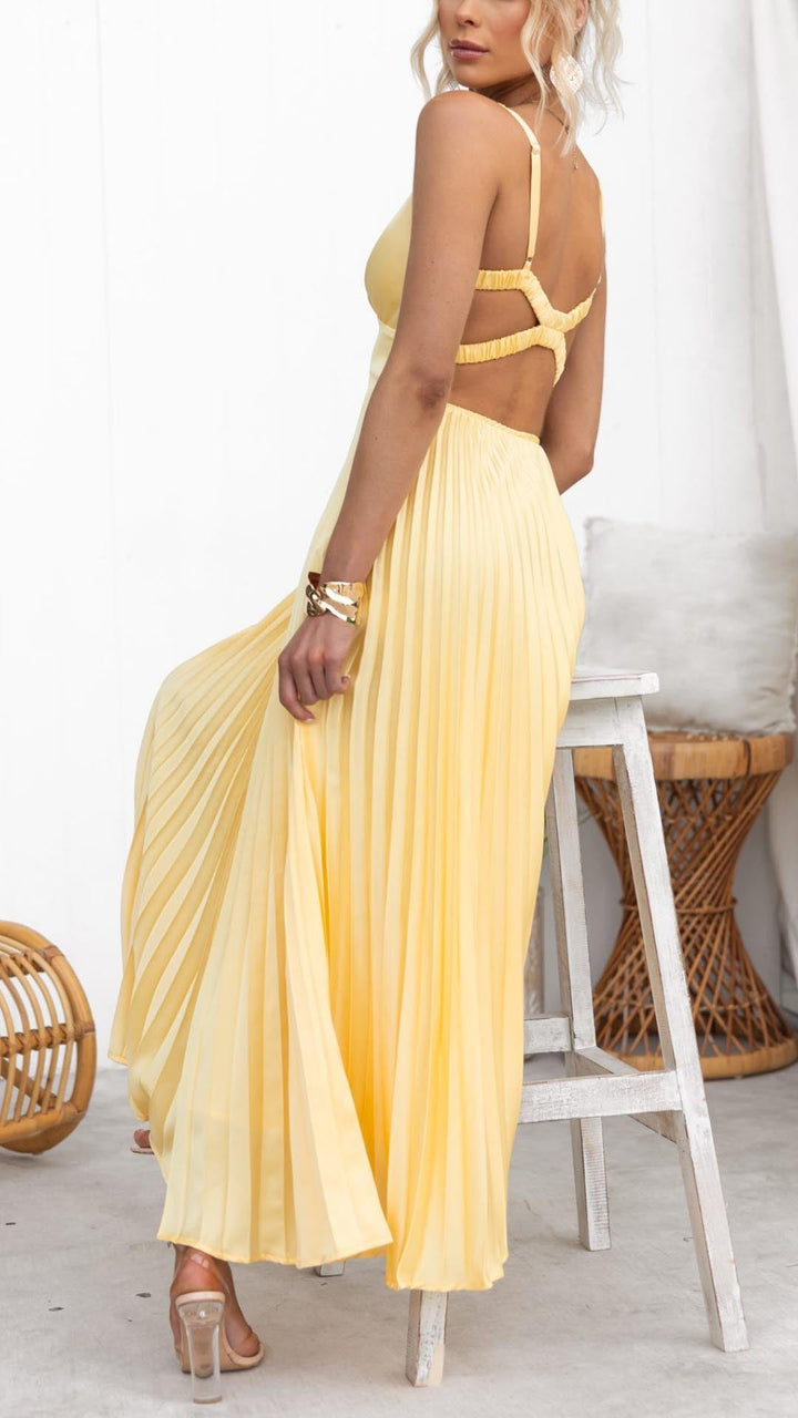 Aby - Abito Lungo Giallo Plissettato con Scollo a V