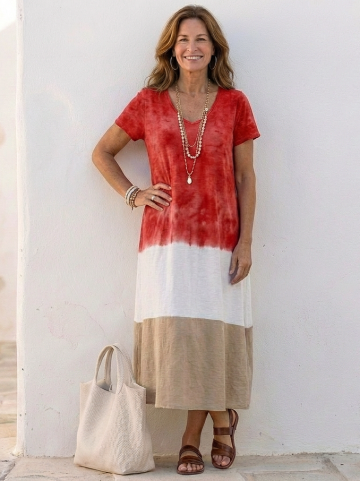Thalia | Abito Midi Color Block con Scollo a V e Maniche Corte