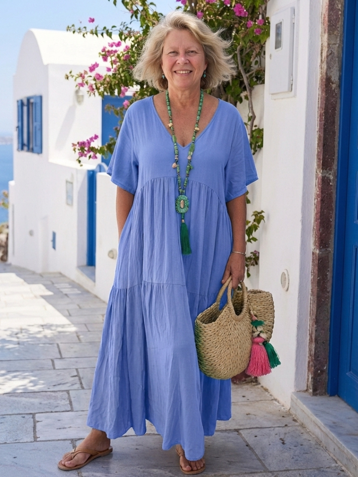 Zinnia | Abito Lungo Blu a Balze con Maniche Corte