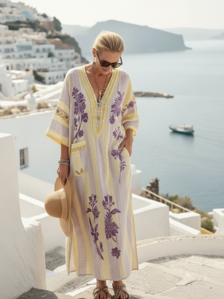 Aurelia | Abito Lungo a Righe e Fiori con Scollo a V e Mezza Manica