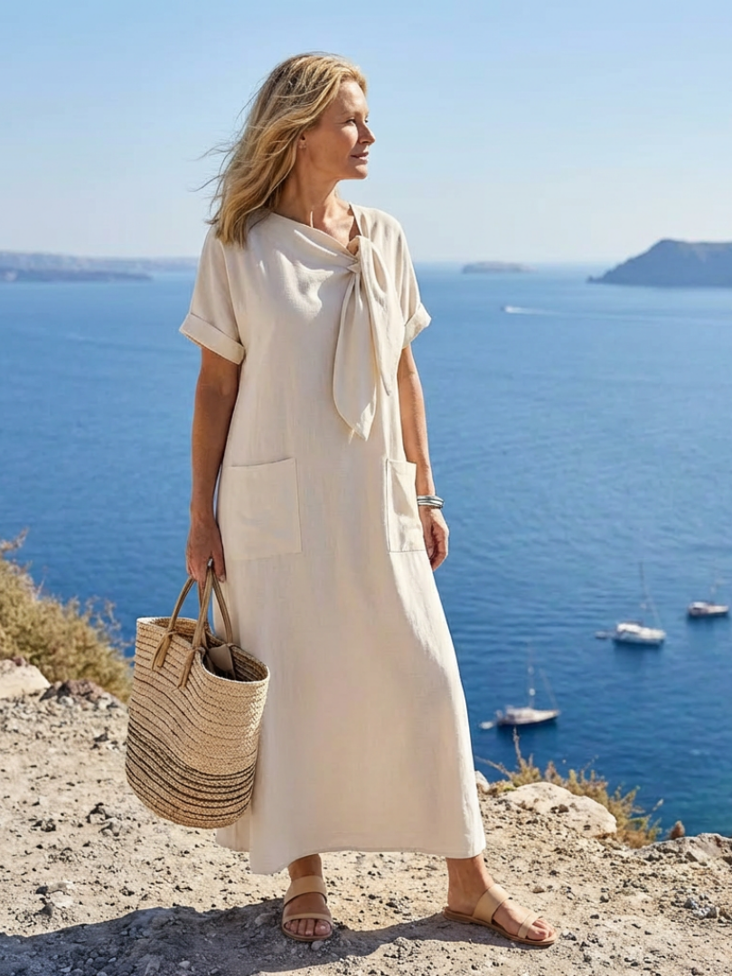 Elowyn | Abito Lungo con Tasche, Scollo Rotondo e Maniche Corte