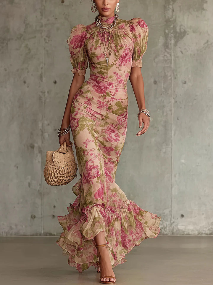 Jill - Abito Lungo Vintage a Stampa di Rose con Maniche a Sbuffo