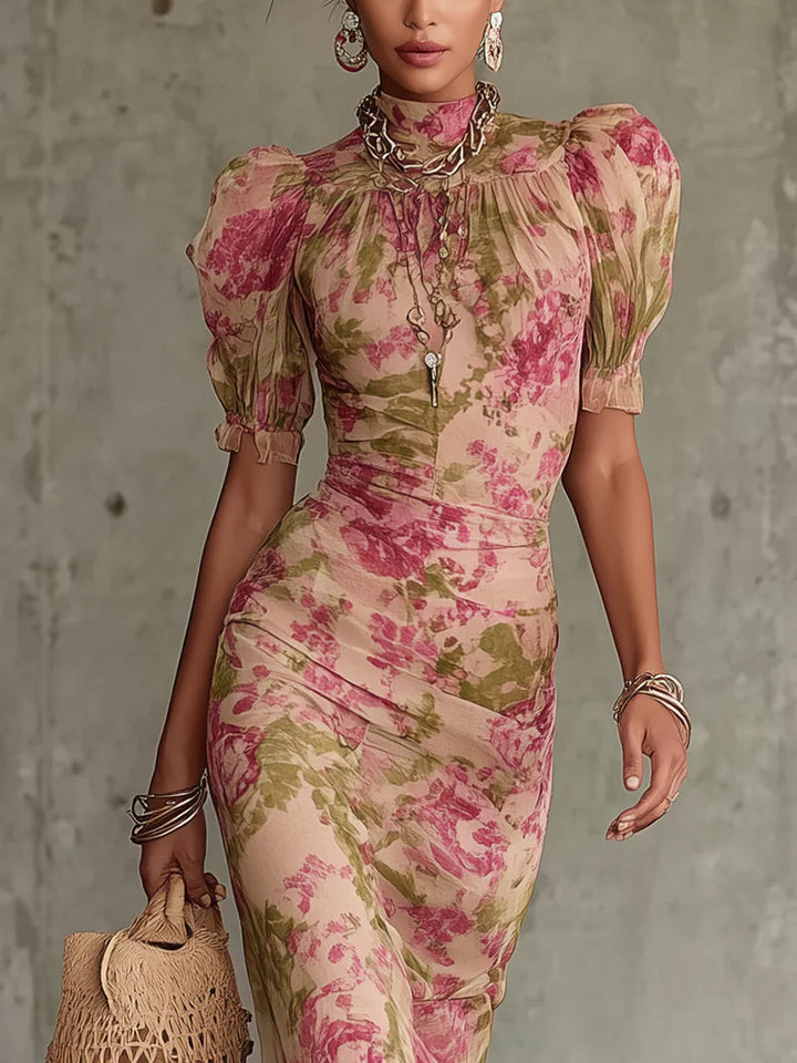 Jill - Abito Lungo Vintage a Stampa di Rose con Maniche a Sbuffo