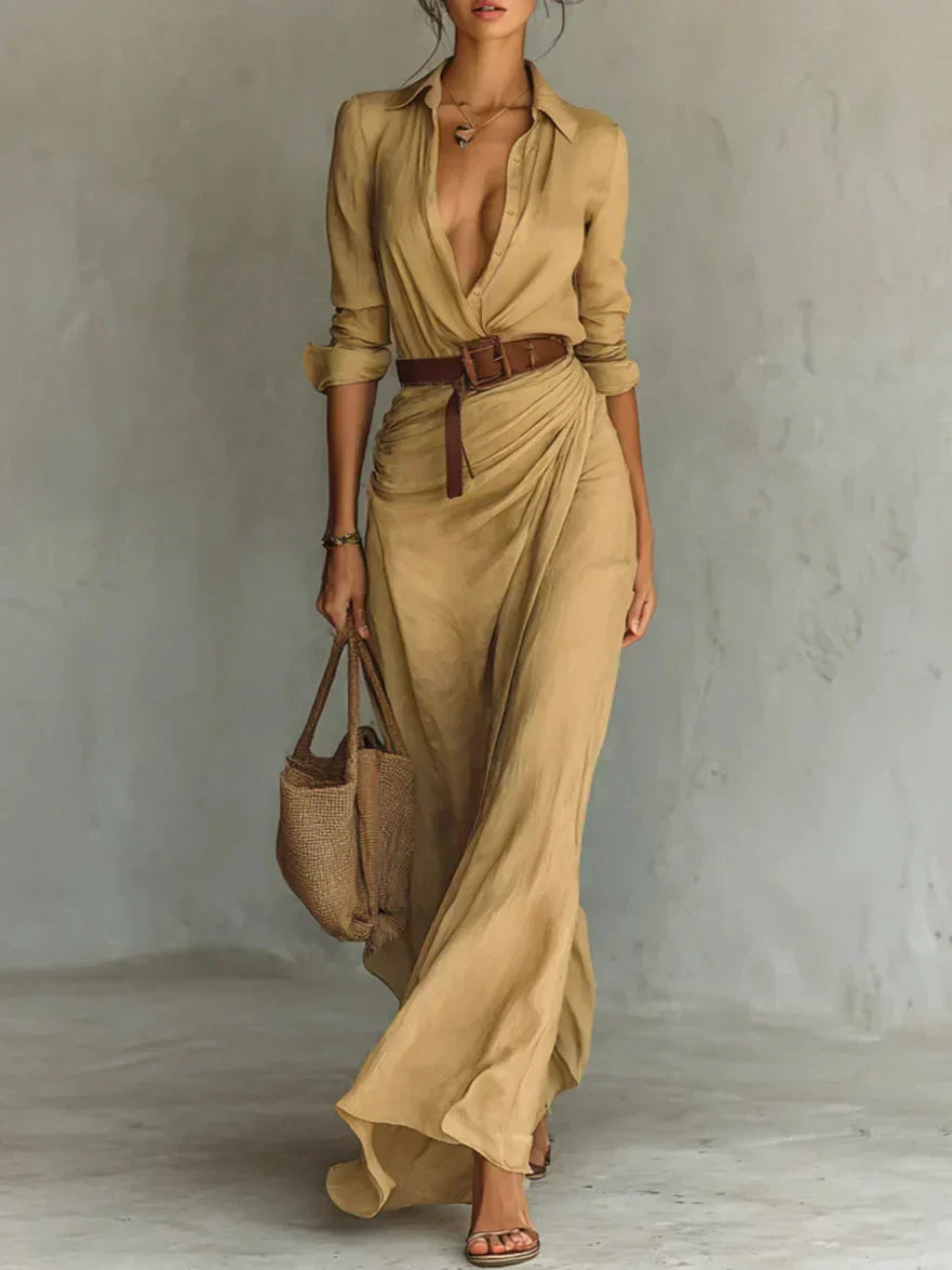 Abito Camicia Lungo Arricciato da Donna, con Cintura, Maniche Lunghe e Bottoni
