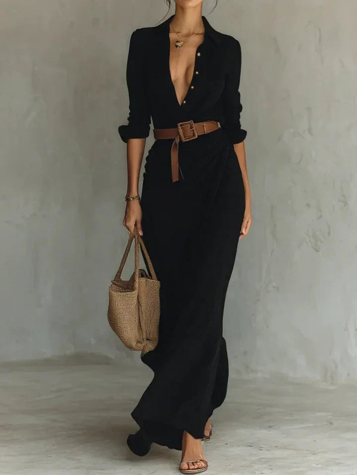 Abito Camicia Lungo Arricciato da Donna, con Cintura, Maniche Lunghe e Bottoni
