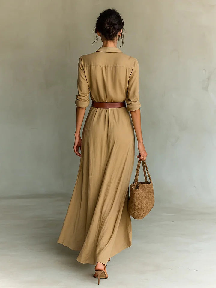 Abito Camicia Lungo Arricciato da Donna, con Cintura, Maniche Lunghe e Bottoni