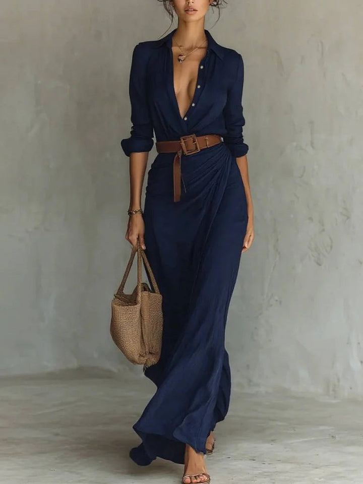 Abito Camicia Lungo Arricciato da Donna, con Cintura, Maniche Lunghe e Bottoni
