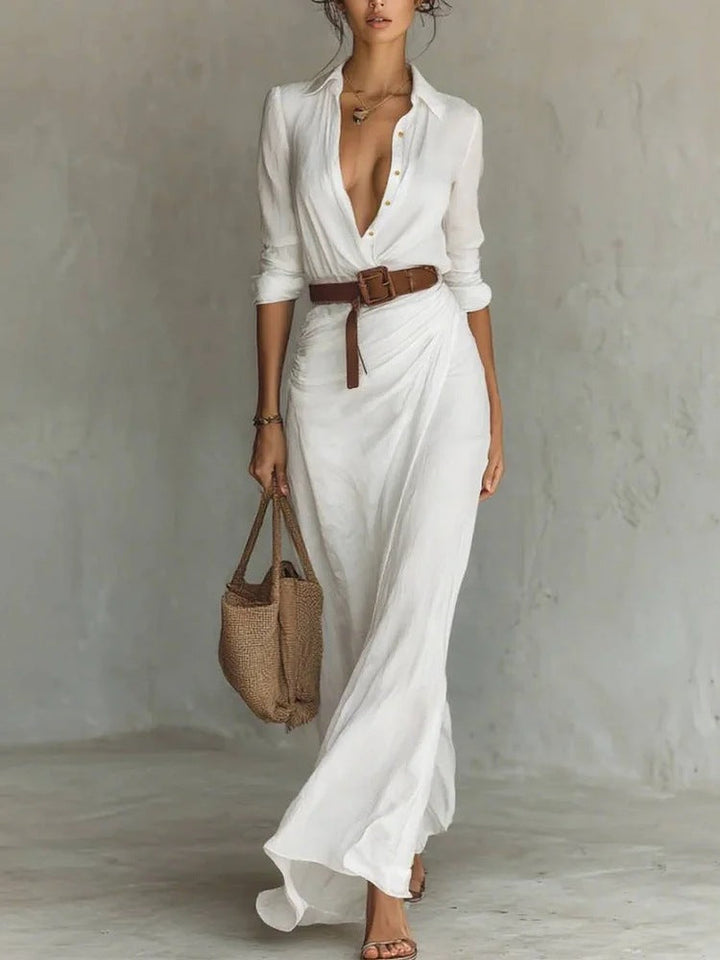 Abito Camicia Lungo Arricciato da Donna, con Cintura, Maniche Lunghe e Bottoni