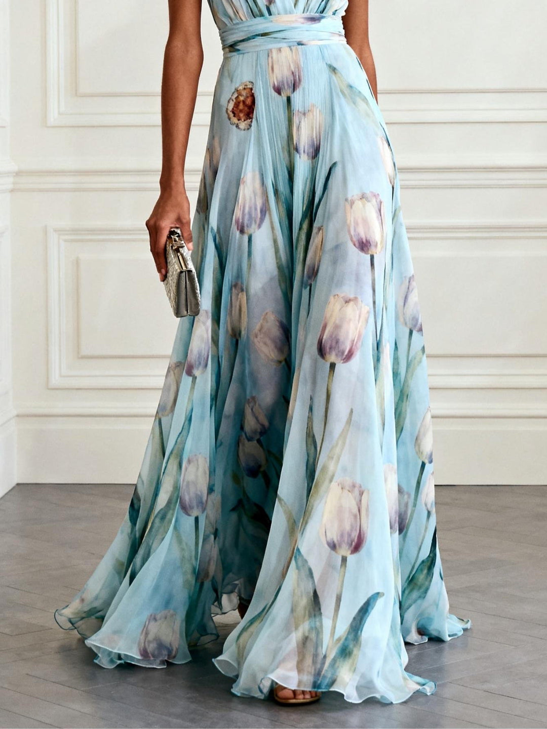Nerea - Abito Lungo Elegante a Stampa Tulipano con Scollo a V