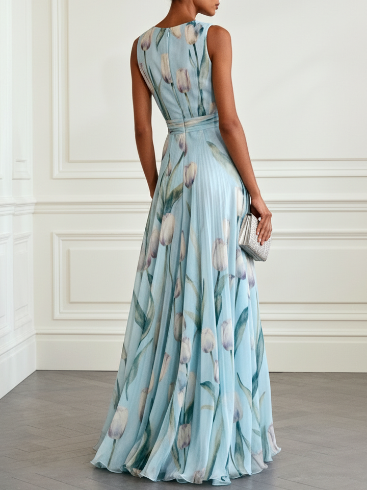 Nerea - Abito Lungo Elegante a Stampa Tulipano con Scollo a V