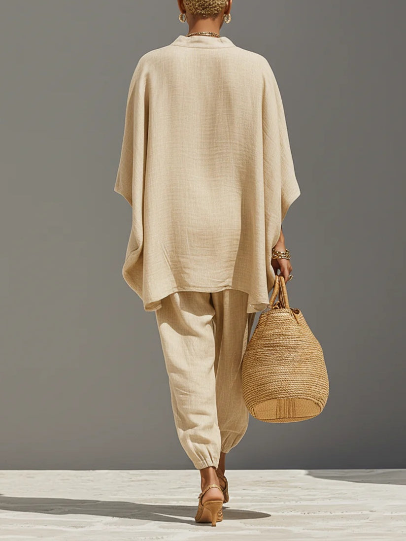 Caroline - Completo Kaki Chiaro Minimalista con Top Asimmetrico e Pantaloni Jogger