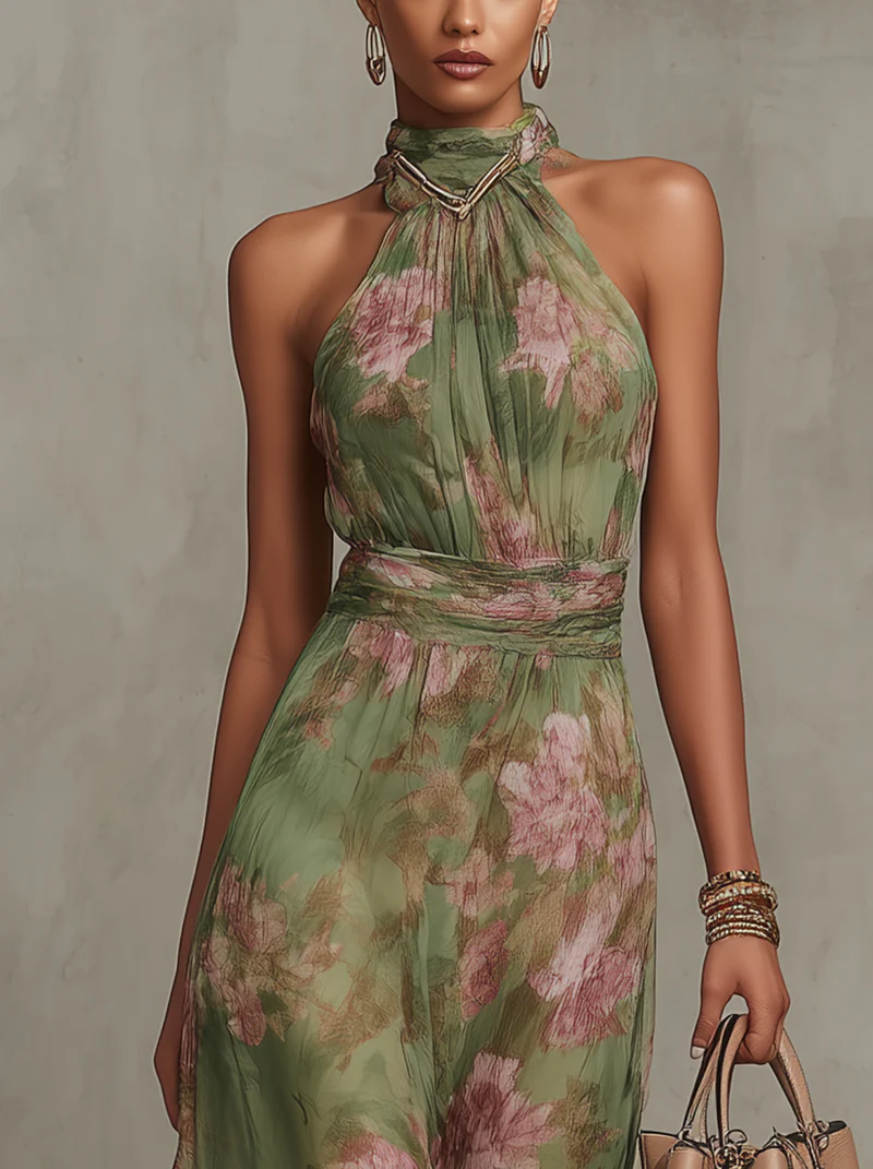 Serena | Abito Lungo Floreale con Collo Halter