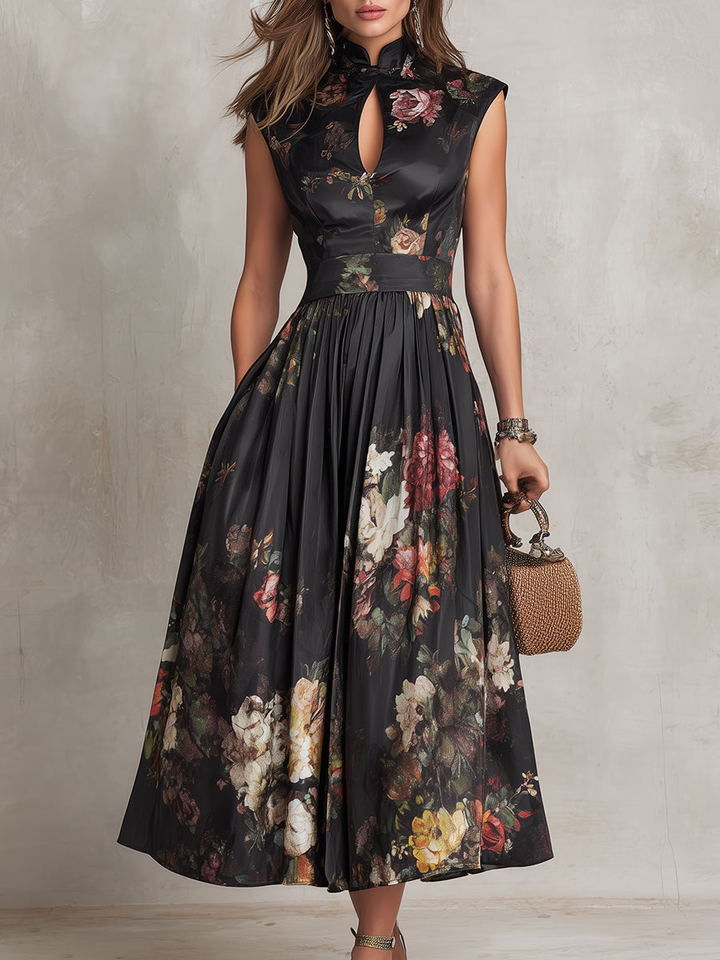 Rosie - Abito Midi Nero in Raso Plissettato con Scollo a Chiave e Motivo Floreale
