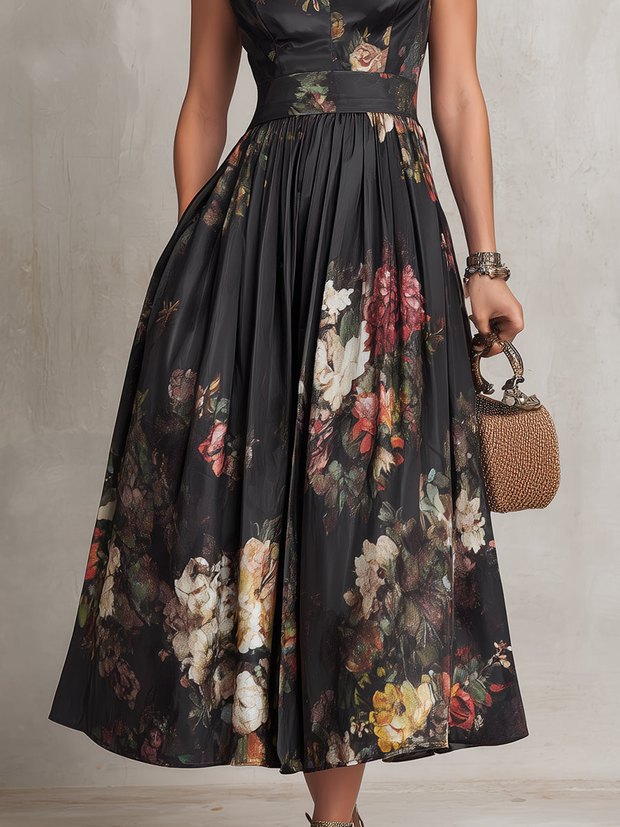 Rosie - Abito Midi Nero in Raso Plissettato con Scollo a Chiave e Motivo Floreale