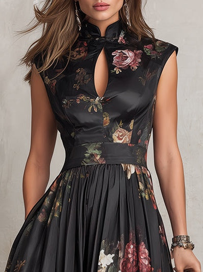 Rosie - Abito Midi Nero in Raso Plissettato con Scollo a Chiave e Motivo Floreale
