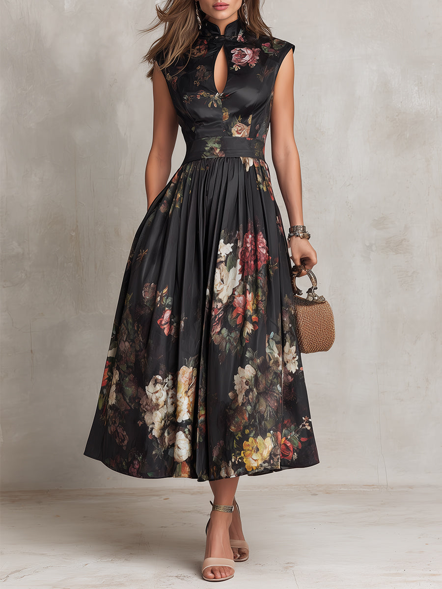 Rosie - Abito Midi Nero in Raso Plissettato con Scollo a Chiave e Motivo Floreale