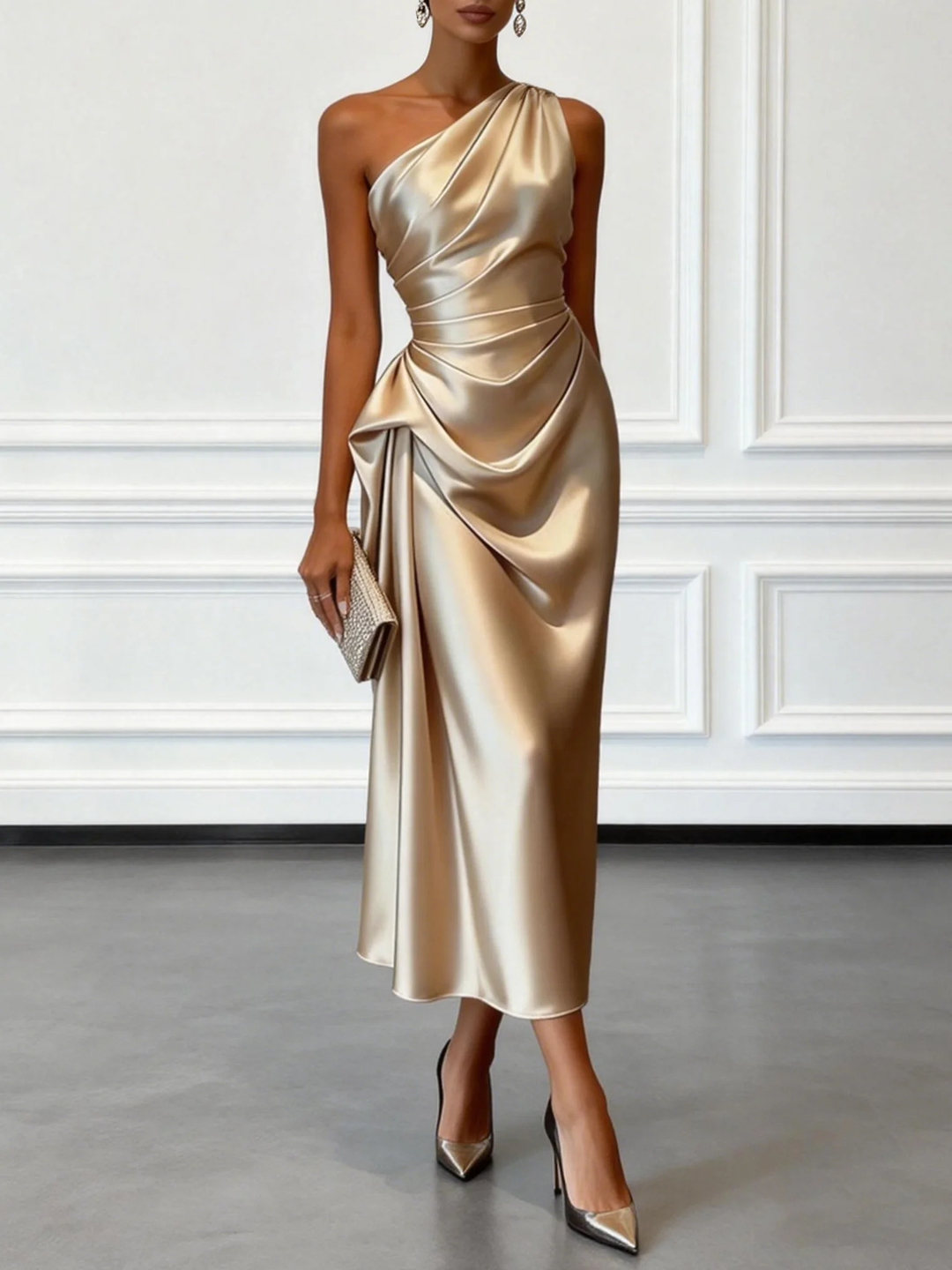 Caille - Abito Midi in Raso Champagne Monospalla a Balze