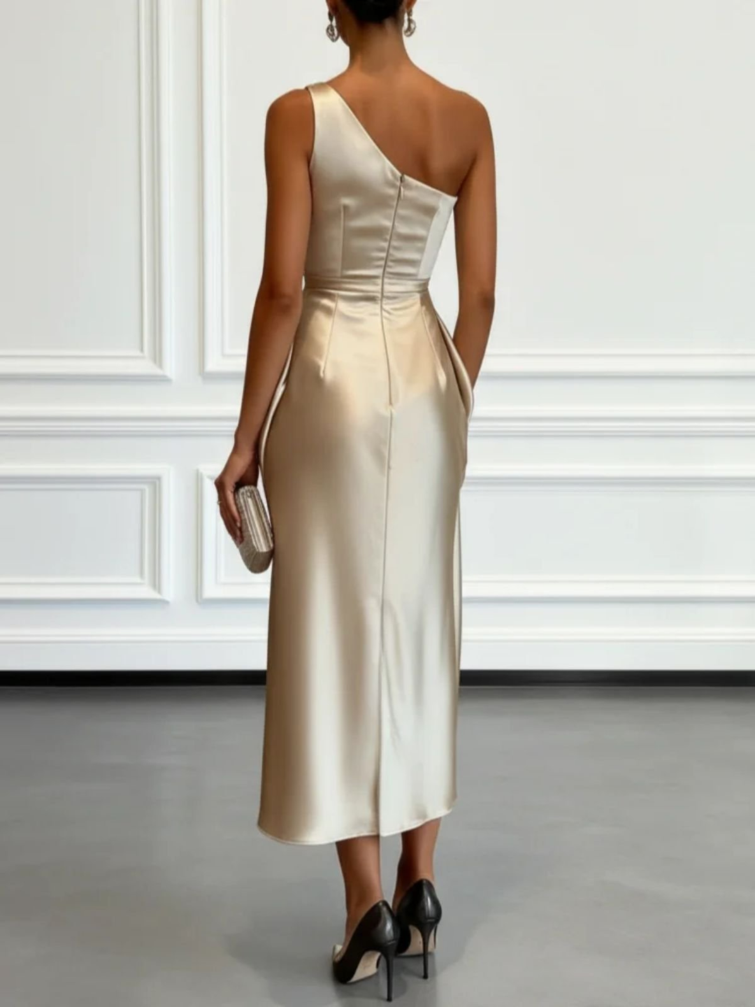 Caille - Abito Midi in Raso Champagne Monospalla a Balze