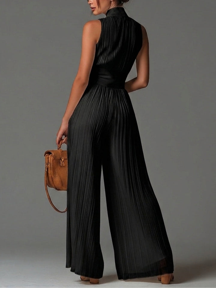 Abigail - Tuta in Chiffon a Gamba Larga con Zip, Scollo a V e Plissé