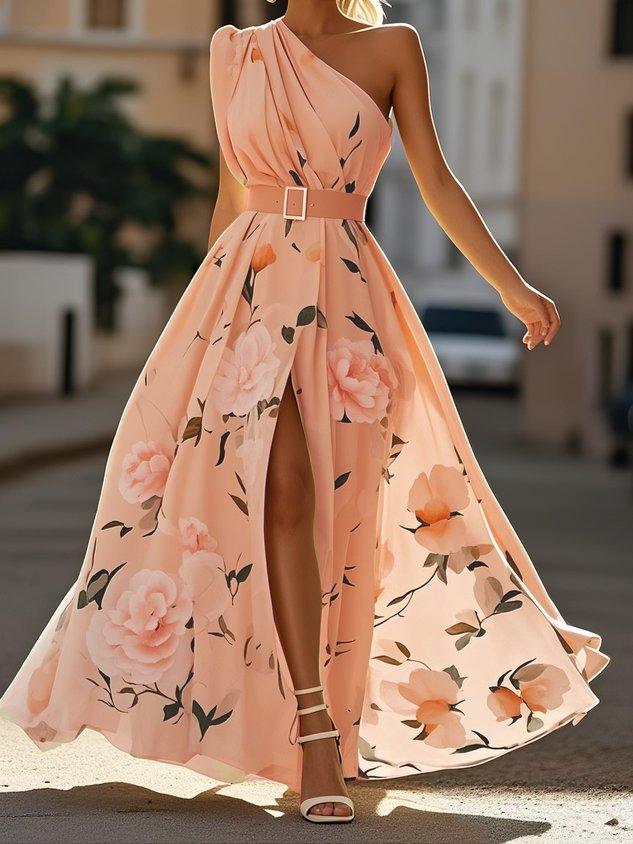 Sella - Abito Lungo in Chiffon Monospalla Arricciato a Linea A