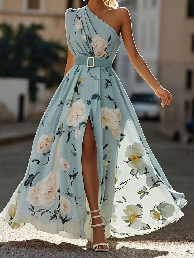 Sella - Abito Lungo in Chiffon Monospalla Arricciato a Linea A