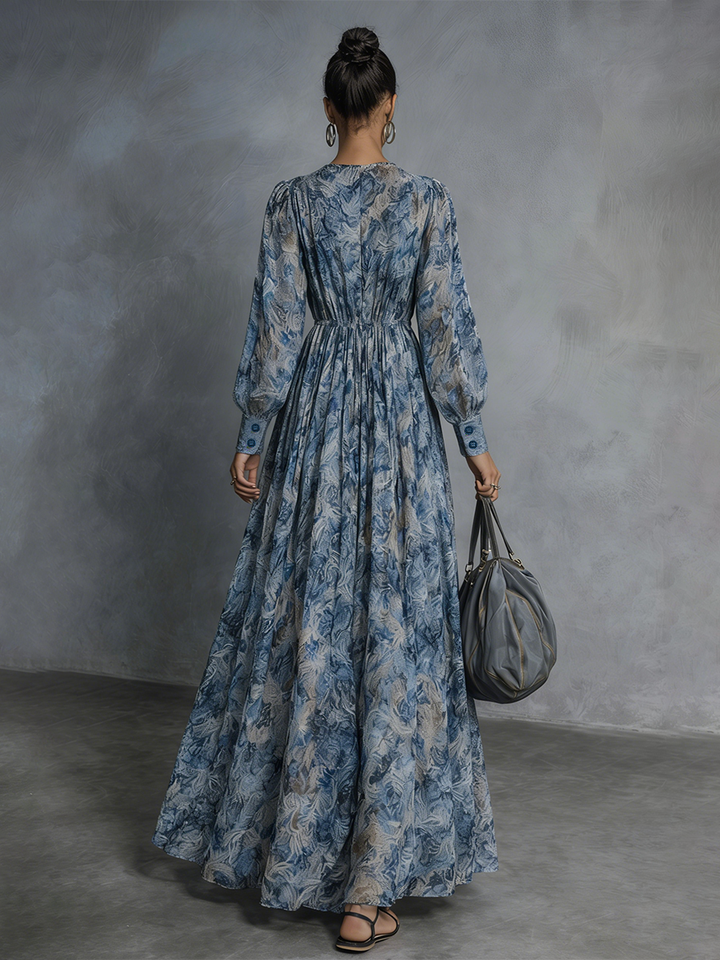 Grace - Abito Lungo in Chiffon Boho a Stampa Floreale Blu