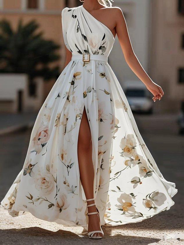Sella - Abito Lungo in Chiffon Monospalla Arricciato a Linea A