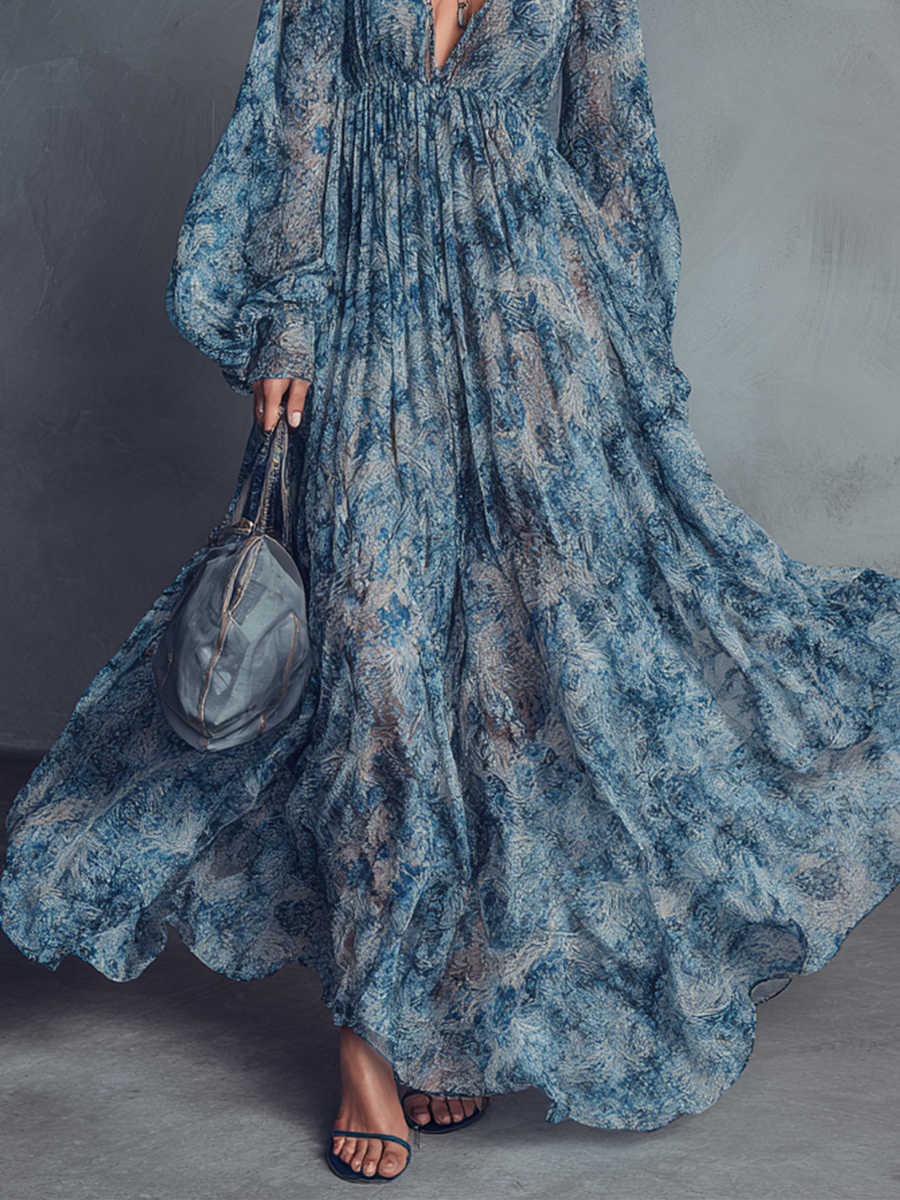 Grace - Abito Lungo in Chiffon Boho a Stampa Floreale Blu