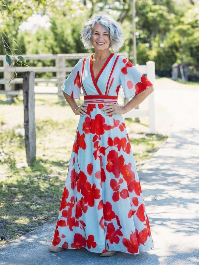 Corinne | Abito Floreale con Scollo a V e Maniche Corte