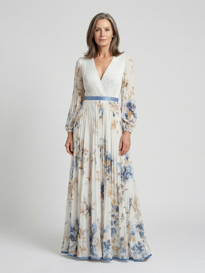 Lavinia | Abito Lungo Floreale a Maniche Lunghe con Scollo a V