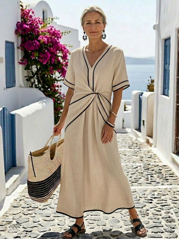 Linnea | Abito Midi con Vita Arricciata, Scollo a V e Maniche Corte
