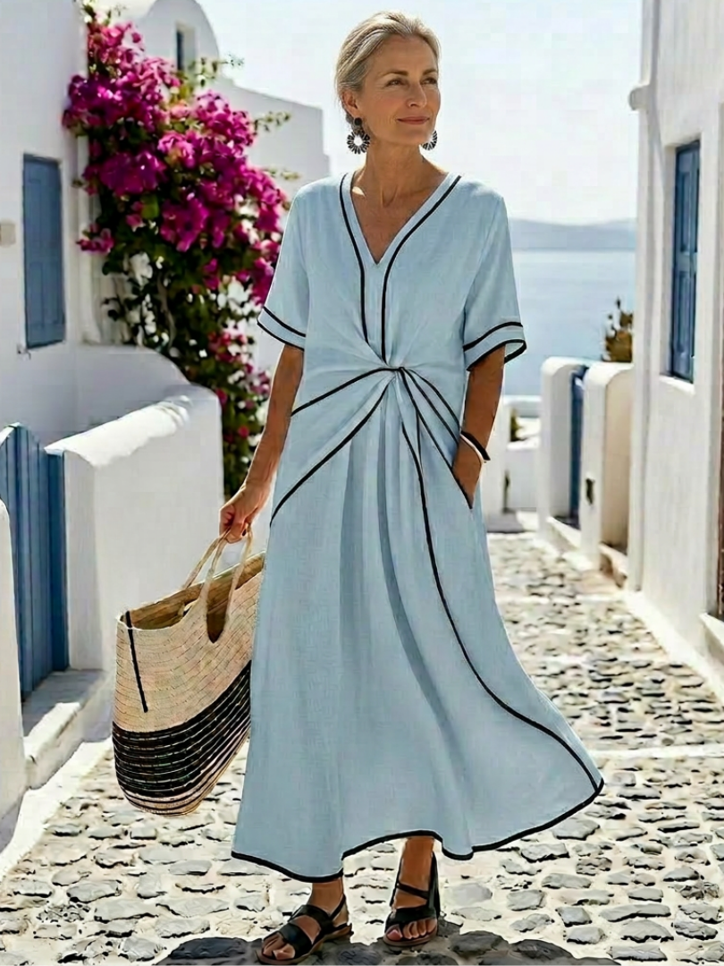 Linnea | Abito Midi con Vita Arricciata, Scollo a V e Maniche Corte