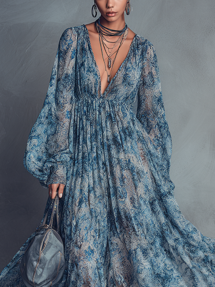 Grace - Abito Lungo in Chiffon Boho a Stampa Floreale Blu