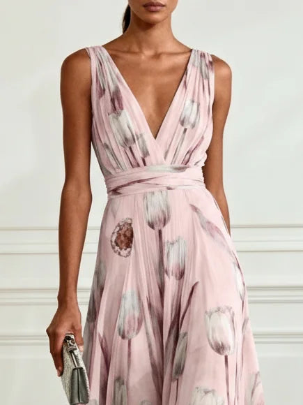 Nerea - Abito Lungo Elegante a Stampa Tulipano con Scollo a V