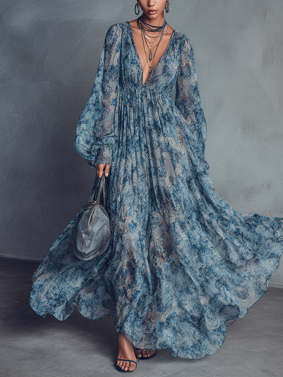 Grace - Abito Lungo in Chiffon Boho a Stampa Floreale Blu