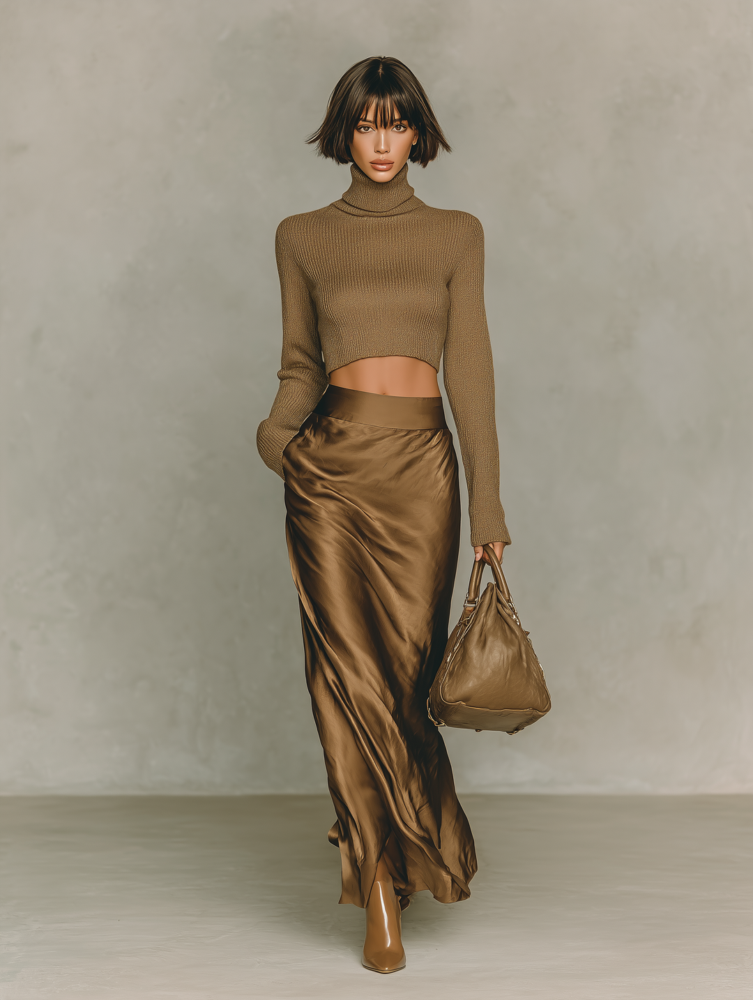 Florence - Top a Collo Alto in Maglia Marrone Dorato