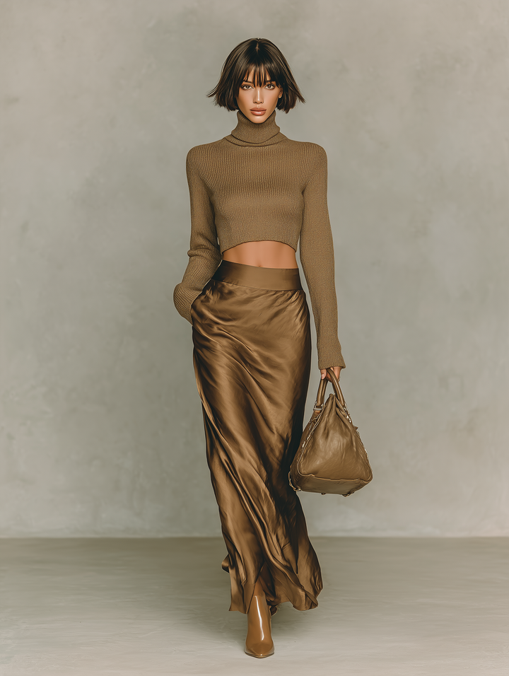 Florence - Top a Collo Alto in Maglia Marrone Dorato