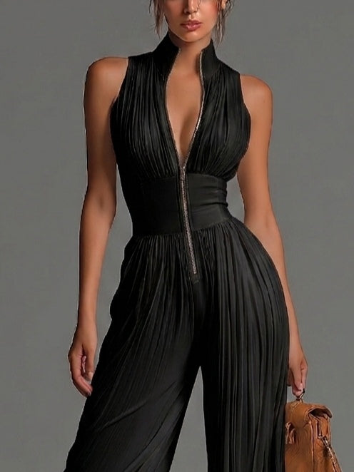 Abigail - Tuta in Chiffon a Gamba Larga con Zip, Scollo a V e Plissé