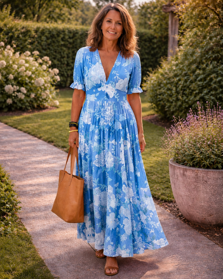 Ione | Abito Midi Floreale a Maniche Corte con Scollo a V