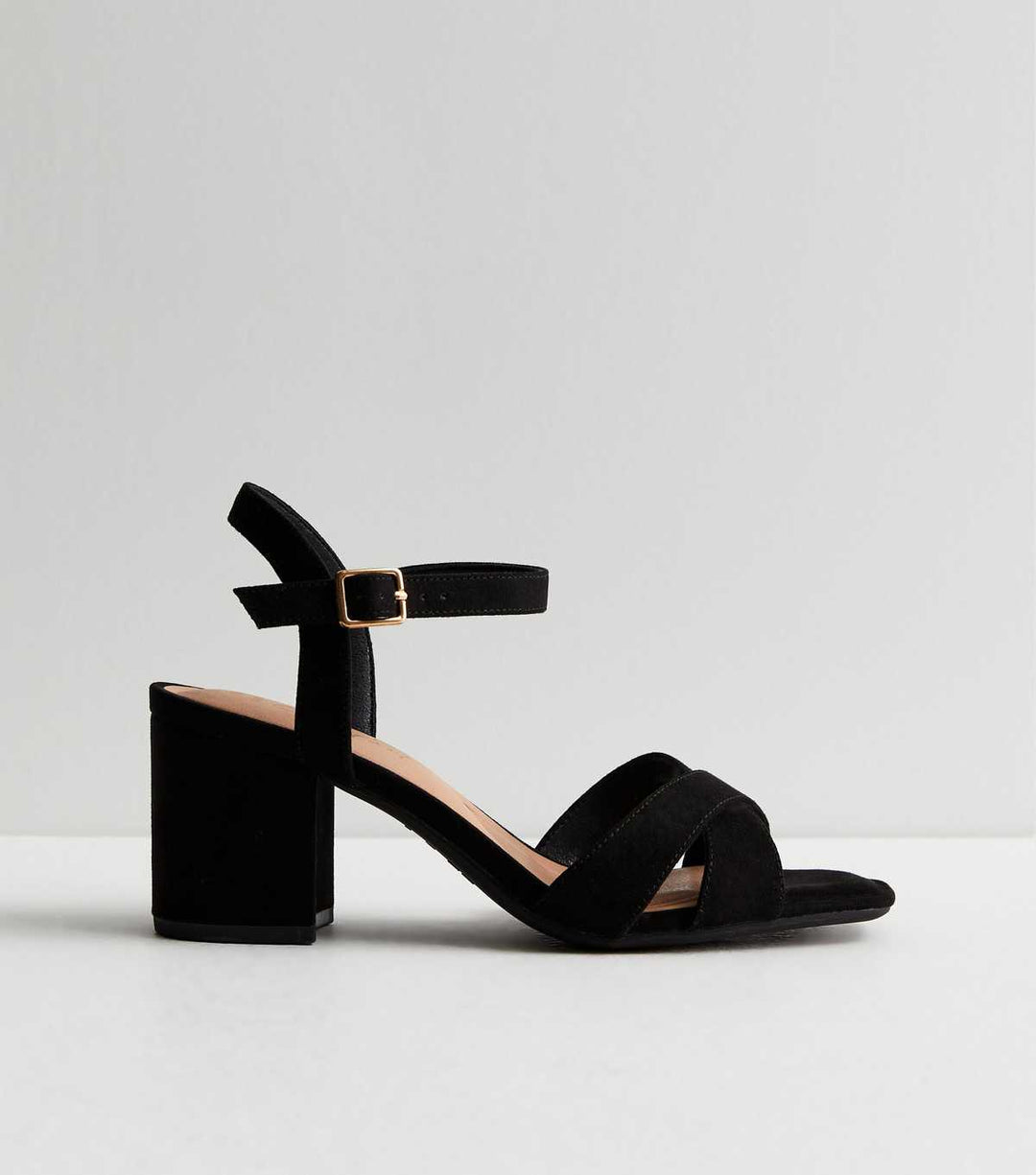 Sandali neri in suedette a pianta larga con tacco largo e doppia fascia | New Look